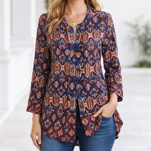 DR2 Tops - DR2 Patterned Button Down High Low Tunic Blouse
